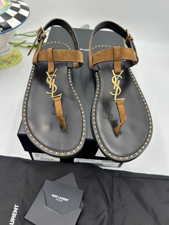 Men’s Saint Laurent Cassandra Studded Suede Thong Sandals Size 44/11 US main image 6